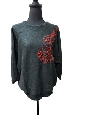 Pykettes Black Sweater Red Embroidered Floral Beaded Knit Top L Chic